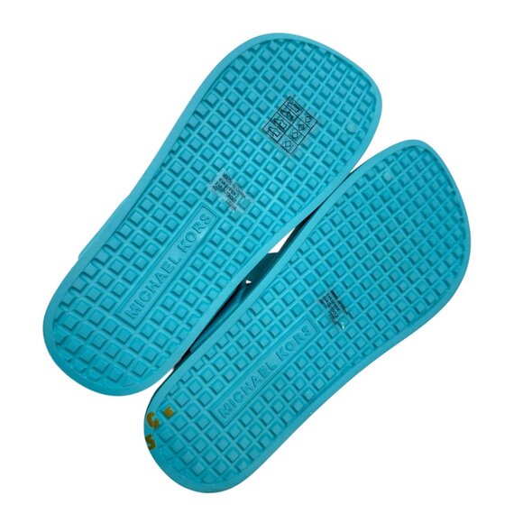 Michael Kors Linsey Women Turquoise MK Logo Tstrap Slide Sandals SZ 6M Eva Upper - Picture 6 of 13